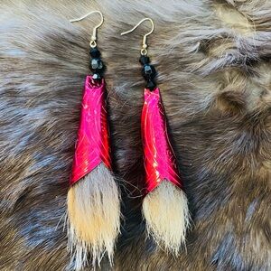 Red jingle cone earrings with coyote fur, black bicone beads & sterling hooks.
